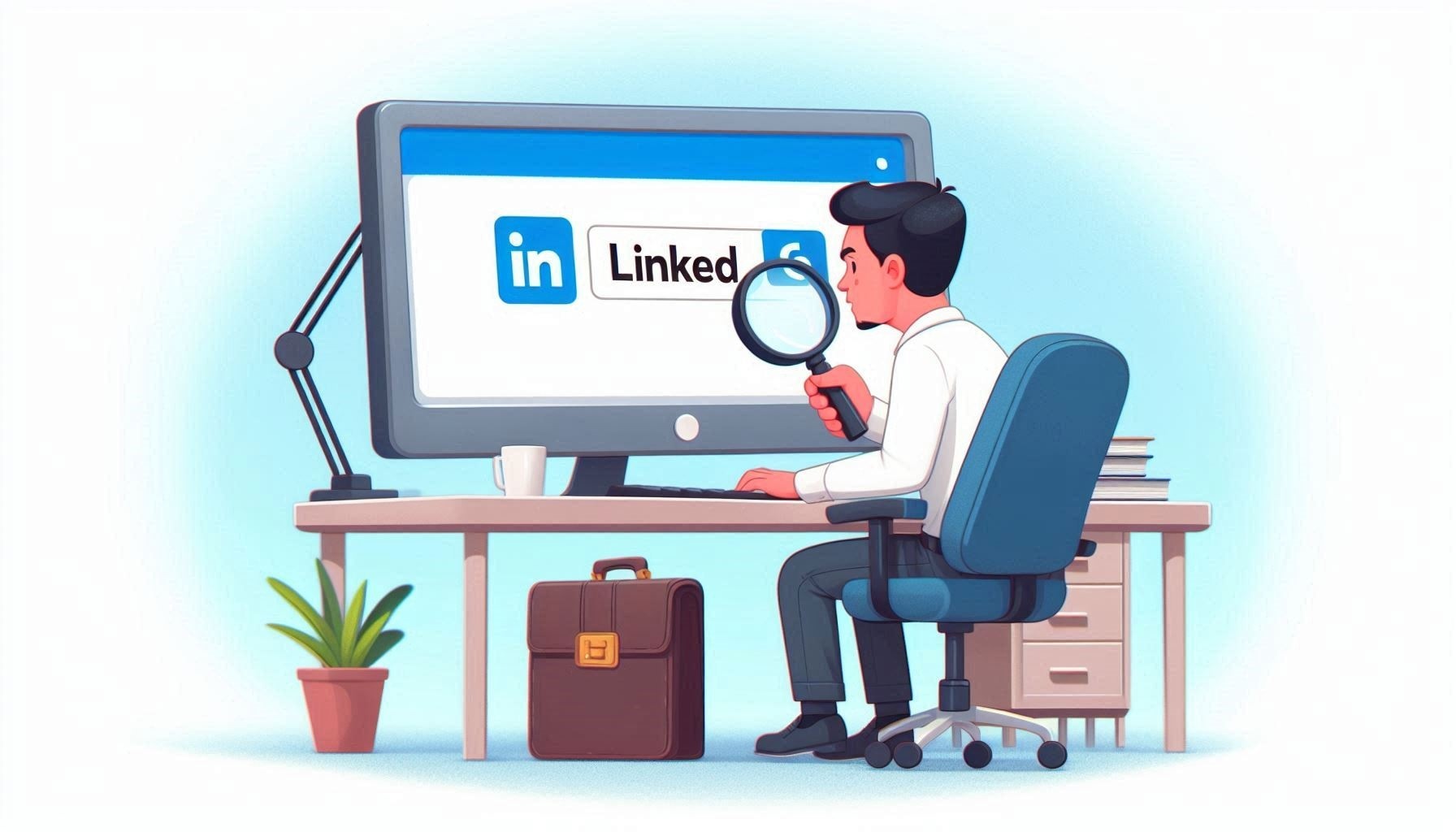 a cartoon image of a man sitting in front of a desktop computer screen, showing him trying to search