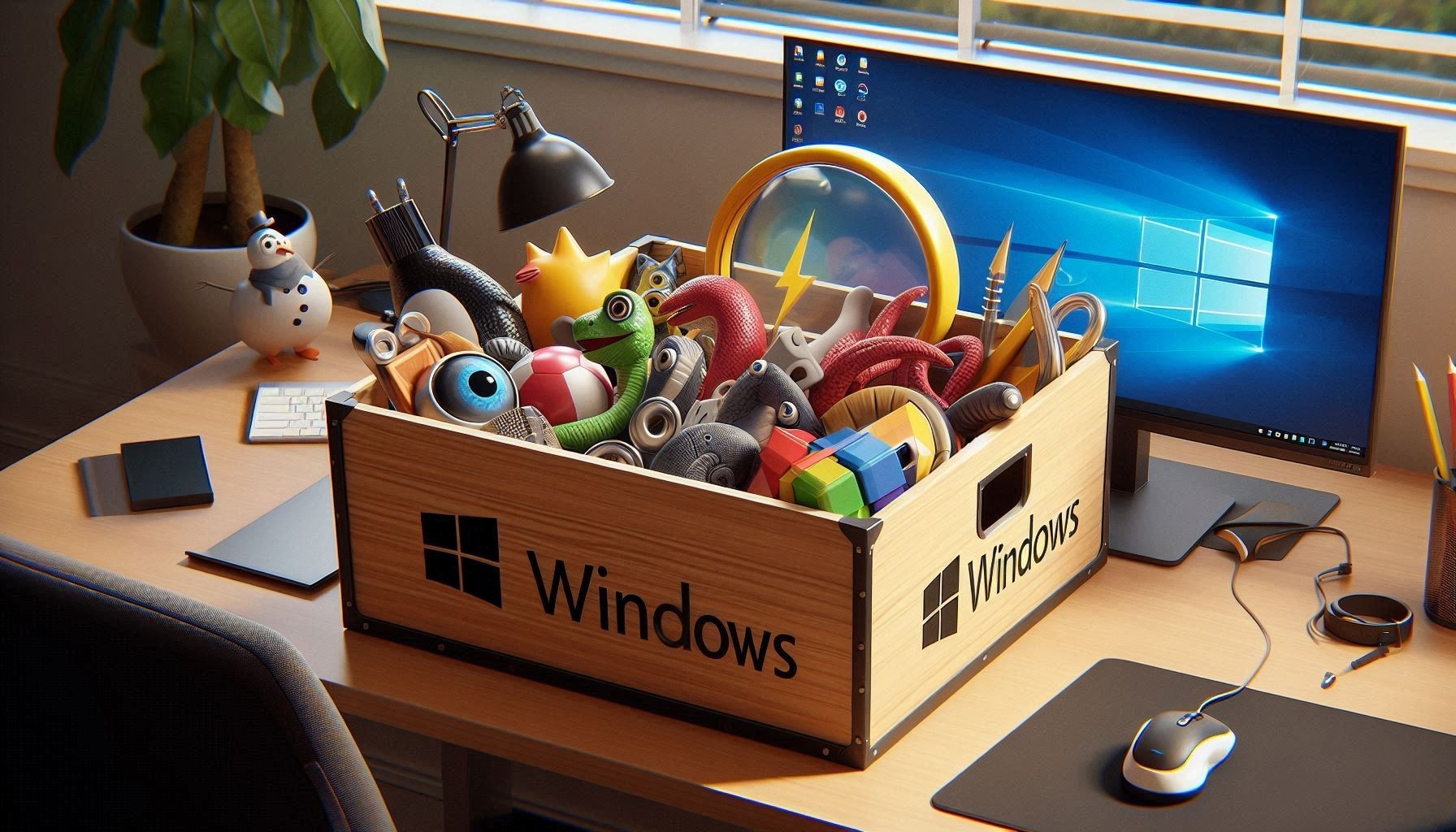 A large toybox with the Windows logo on the side, half-full of interesting looking toys. One of them