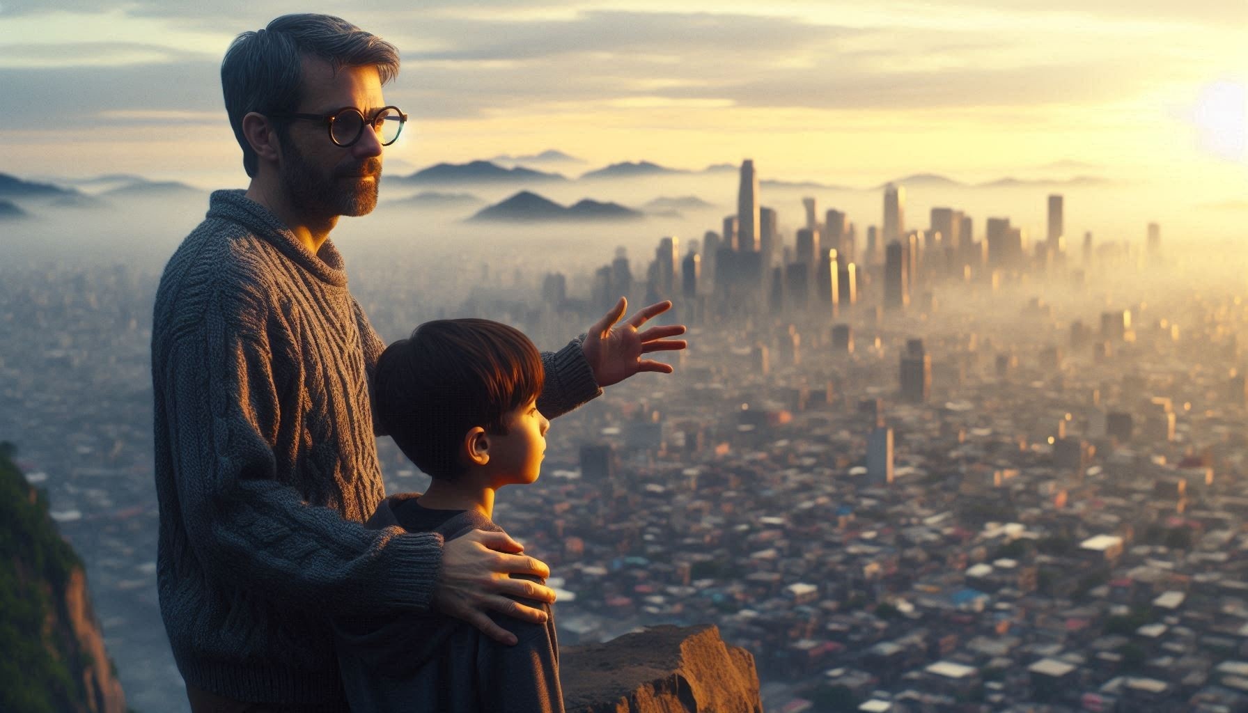 A man (who has short grey hair, wearing a sweater and chunky thick glasses) and a boy are standing o