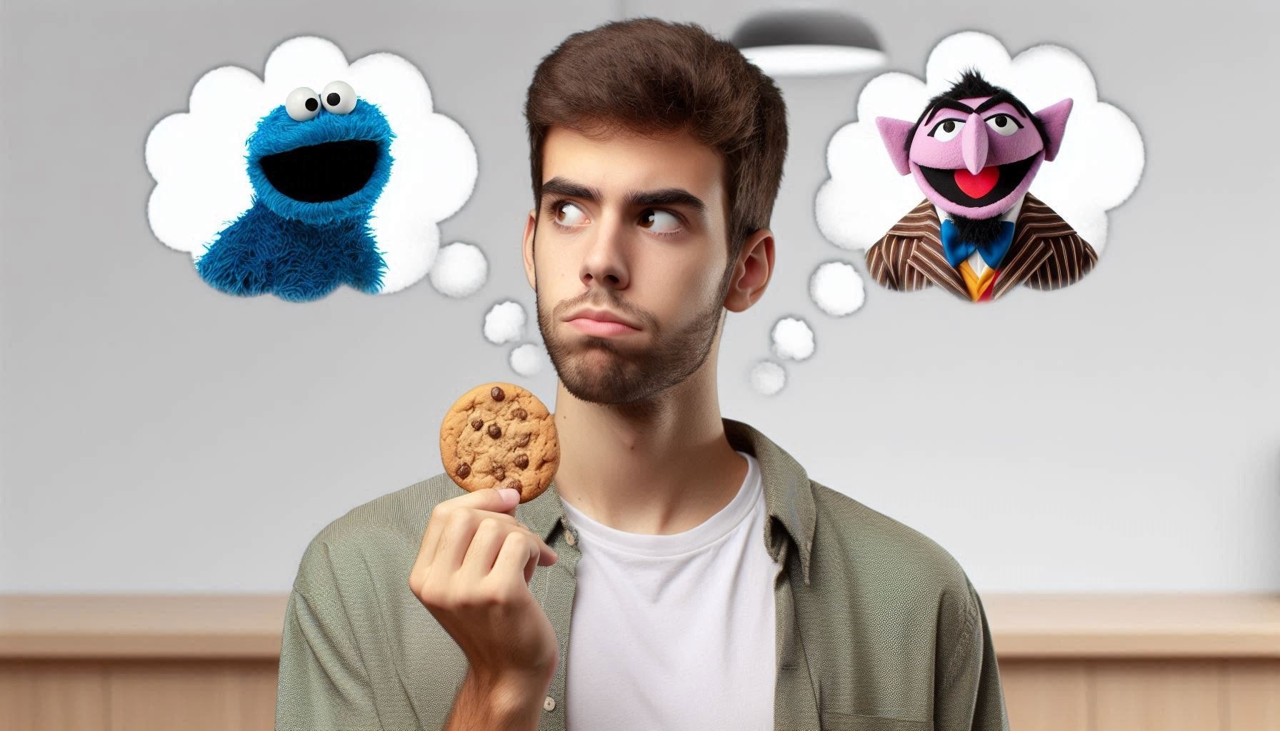 a young man with a quizzical expression on his face is holding a cookie in his hand. He has a though