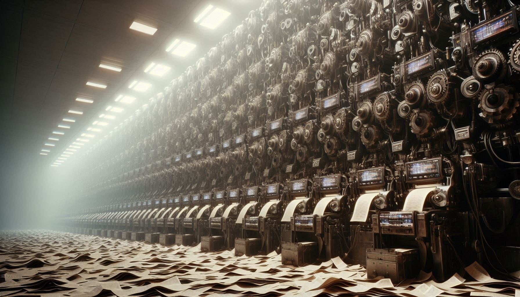dystopian images of banks of machines all churning out pages of written text.